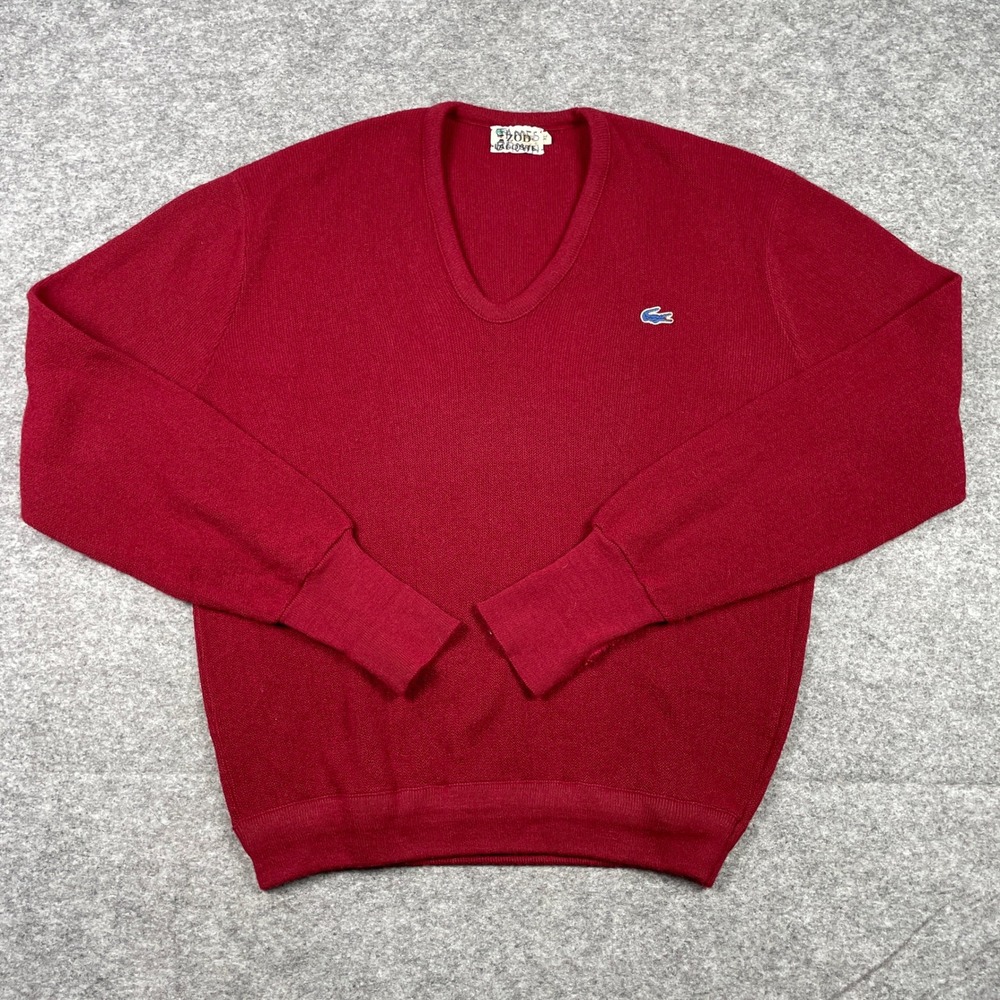 Vintage 70s Izod Lacoste Sweater Mens XL Red V-Neck Long Sleeve Knit Pullover